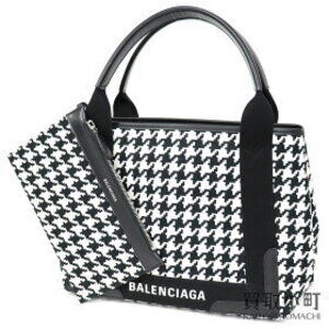 Balenciaga Navy Blue Cabas canvas tote bag white black houndstooth